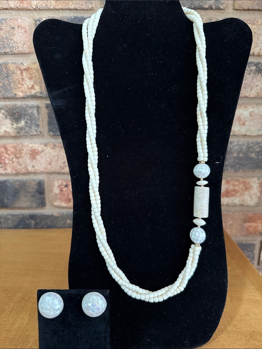 Vintage Bone and Mother of Pearl Necklace with matching earrings set
